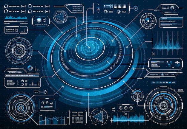 Vector hud futuristic screen interface or sci fi infographic with big data info chart. hud vector screen interface with diagrams, flowcharts and graphs on dashboard panel, future technology digital ui