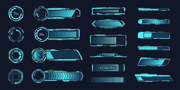 Hud loaders Loading bar speed progress elements radial timeline stages glowing diagrams tech download complete neon progress bar load sci fi status ui vector illustration of progress interface