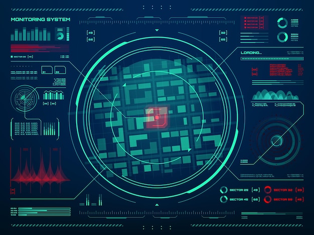 Vector hud security monitoring system technology. secret service, police or army control center screen with target movement sensor data tracking interface, radar screen, neon map and information charts