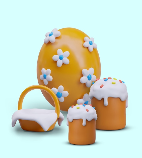 Vector huge egg decorated with flowers easter eggs basket covered with napkin