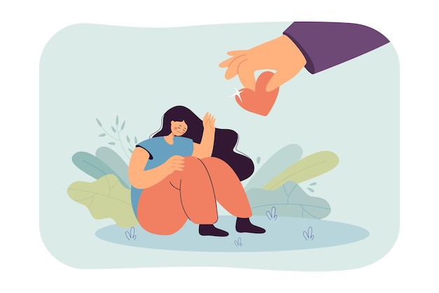 Huge hand giving heart to sad girl flat vector illustration. Unhappy woman refusing support or rejecting feelings. Expression, love, relationship concept for banner, website design or landing web page