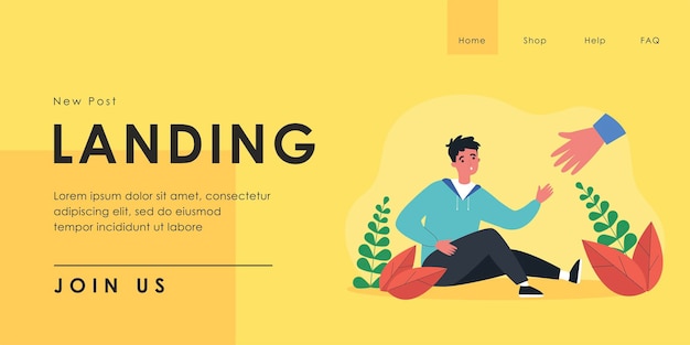 Huge hand offering help to boy sitting on ground. Fallen male character reaching for help flat vector illustration. Assistance, community, friendship concept for banner, website design or landing page