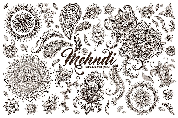 Vector huge set of oriental traditional indian mehndi henna tattoo paisley doodle antistress colorbook