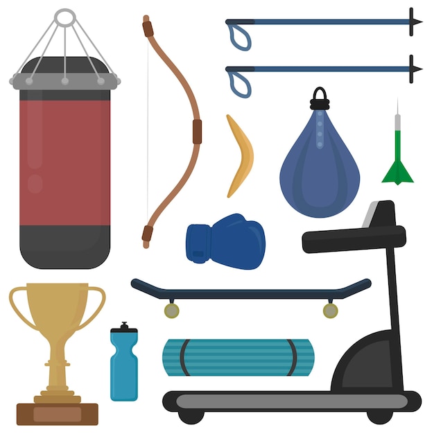 Huge set of sports equipment. Sports. Trainers. Vector illustration