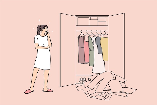 Huge wardrobe and problem of choice concept. Young smiling girl standing looking at wardrobe with many colorful clothes and trying to choose something to wear vector illustration