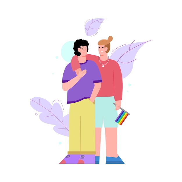 A hugging couple of lovers gay with rainbow flag a vector illustration