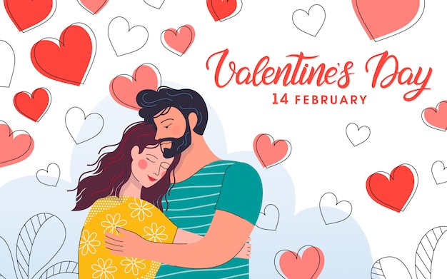 Hugging couple with hearts background and lettering.Cute cartoon characters.Romantic illustration perfect for greeting cards, prints,flyers,posters,invitations and more.Valentines day card concept.