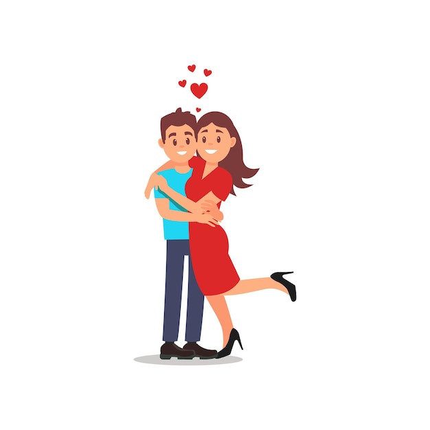 Hugging romantic couple woman raising her leg Beautiful young woman and man Flat vector design