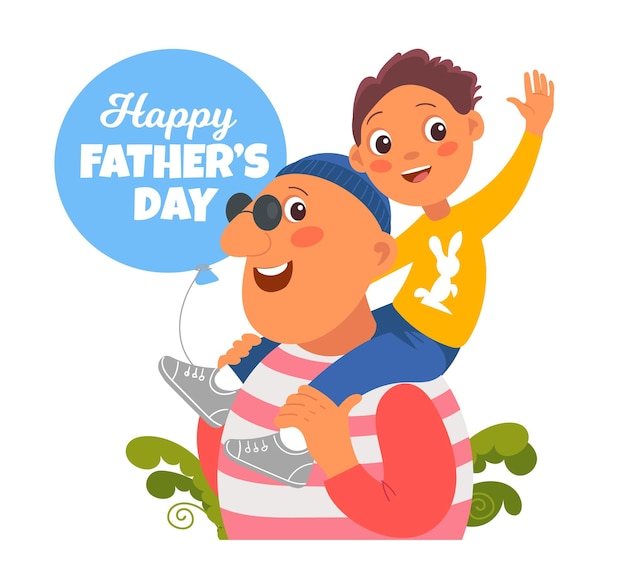 Hugs father Day Funny dad with son Cute boy together with loving parent Happy fatherhood Family holiday Man holding kid on shoulders Cartoon characters embrace Vector concept