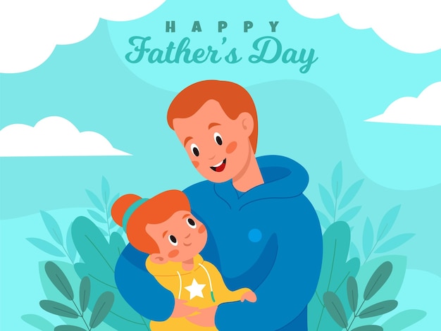 Hugs father day Happy dad with little daughter family embrace loving people holiday greeting card or festive banner design girl and man with congratulate text vector concept