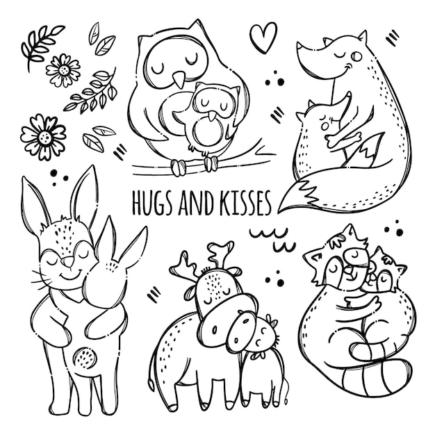 HUGS AND KISSES. Cute Animals Hugging their  Children. Parental Relationship Monochrome Hand Drawn Clip Art   Illustration Set