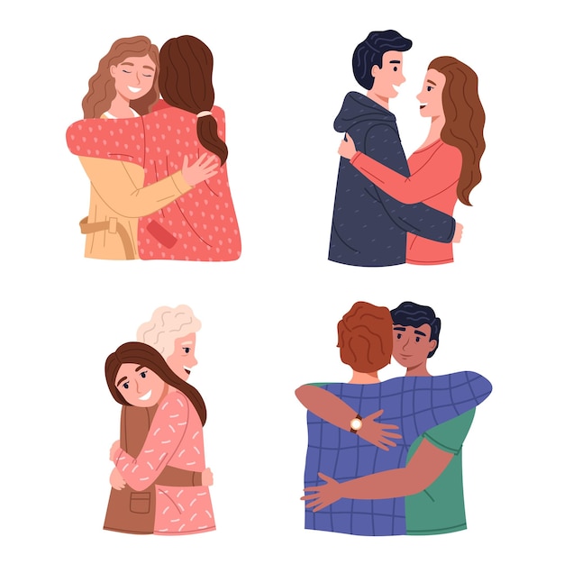 Hugs Men and women pairs hugging romantic and friends relationships children and parent good family happy people in love concept characters waist drawing vector flat style isolated illustration