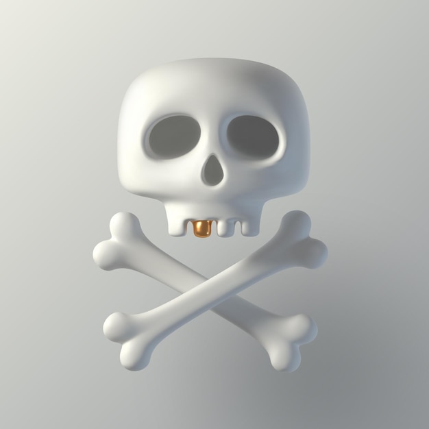 Human 3d render cartoon skull with golden tooth and crossbones