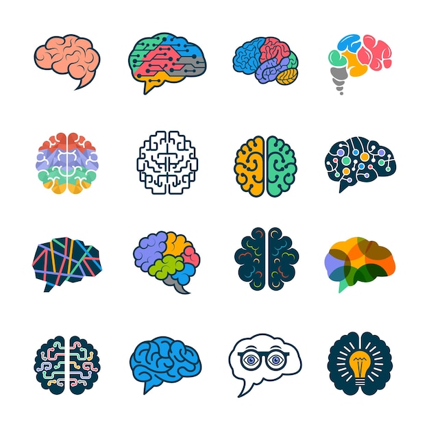 Human brain collection Creative silhouettes of smart minds genius remember vector logotypes elements Illustration of mind and brain genius brainstorm