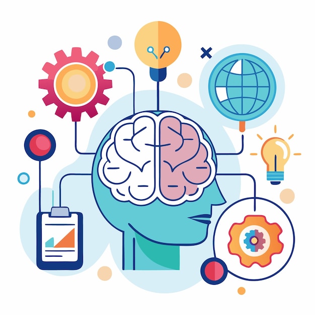 Vector human brain connected to gears light bulbs and a globe