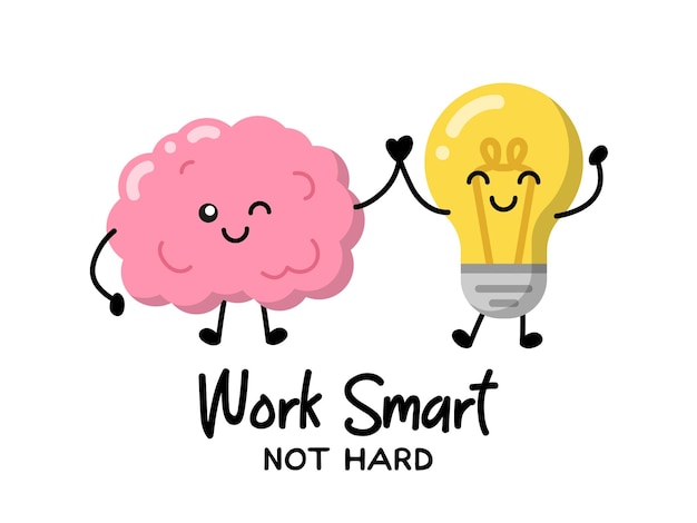 Human brain and lamp bulb Cute cartoon character icon in asian kawaii style Work smart Not Hard