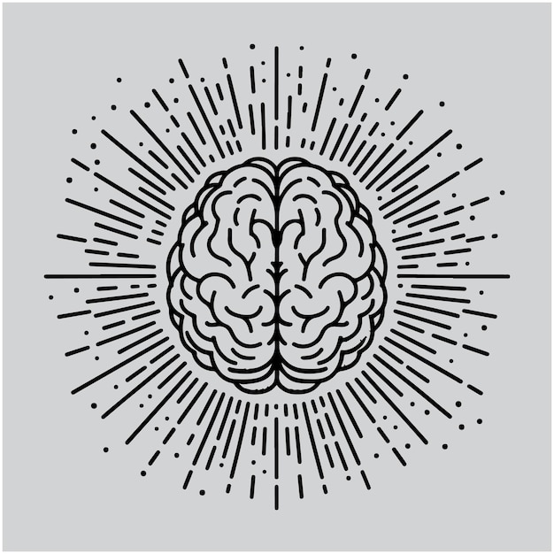 Human brain surrounded by rays vector line icon vector Illustration