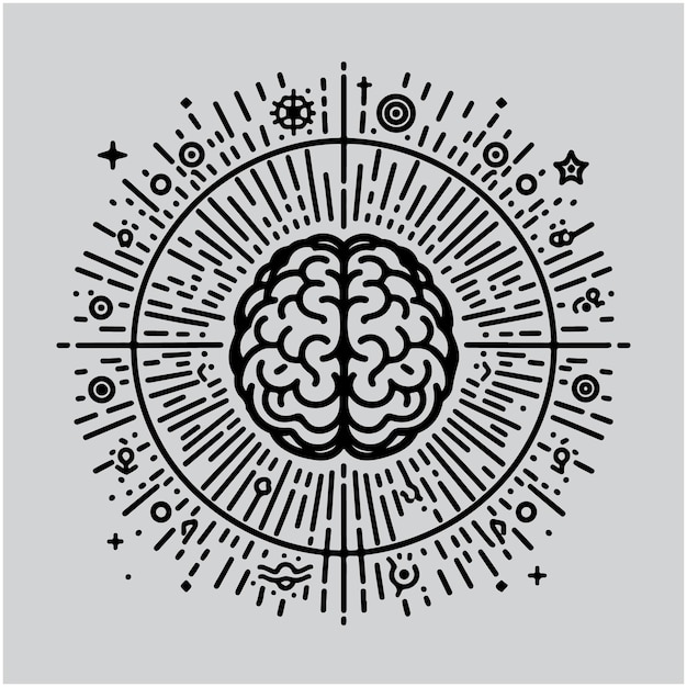 Human brain surrounded by rays vector line icon vector Illustration