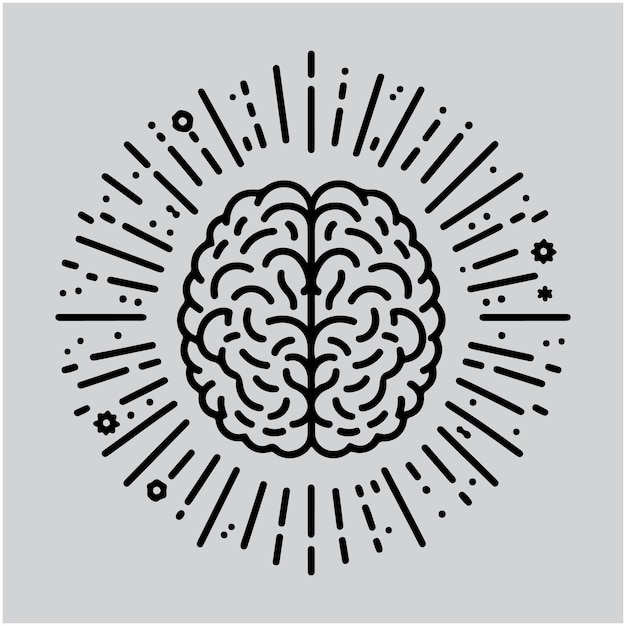 Human brain surrounded by rays vector line icon vector Illustration