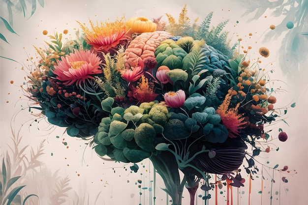 Human Brain with Flowers Mental Health Awareness