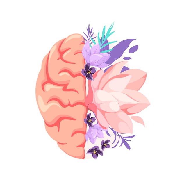 The human brain with flowers. Metal health. Good mood. Cartoon design.