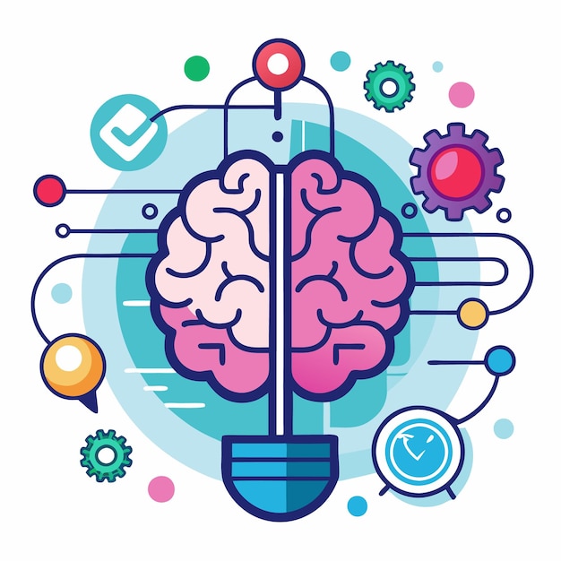 Vector human brain with gears and clock as light bulb