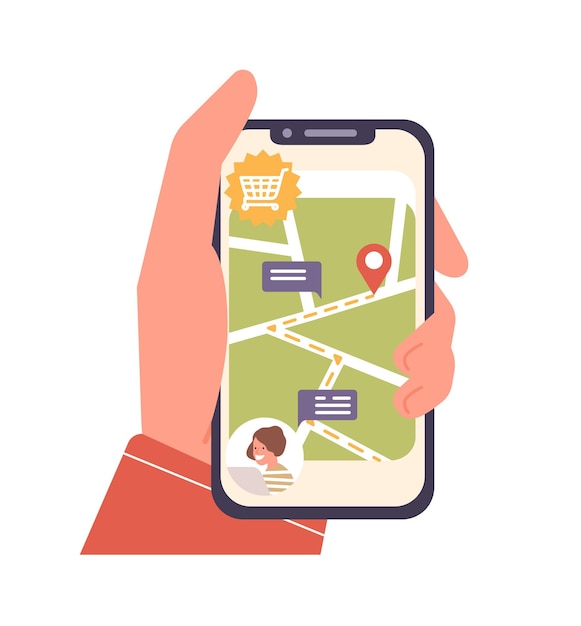 Vector human cartoon hand holding smartphone with map and location mark on screen flat illustration