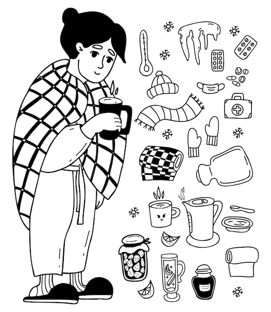 Human disease collection Sick woman wrapped in blanket with cup of hot tea line doodles