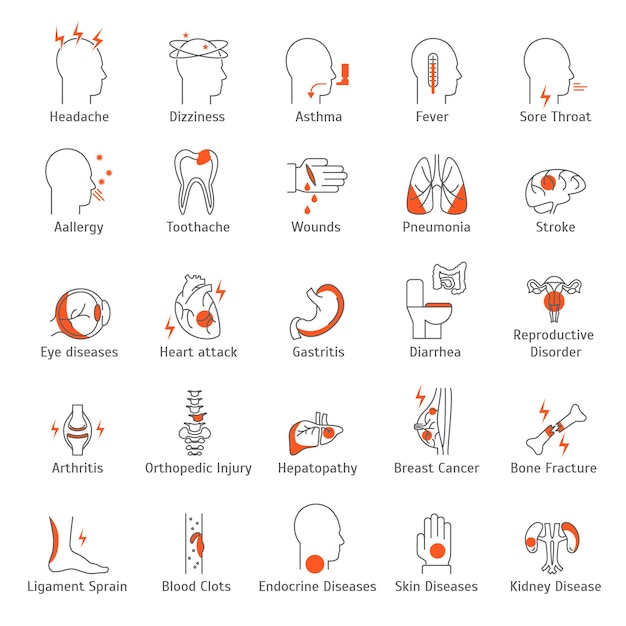 Human Diseases Signs Thin Line Icon Set Vector