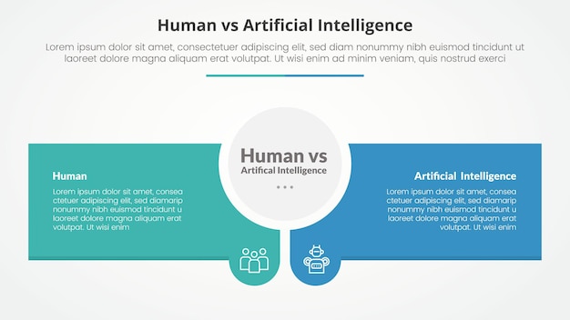 human employee vs ai artificial intelligence versus comparison opposite infographic concept for slide presentation with circle center and creative rectangle box with flat style