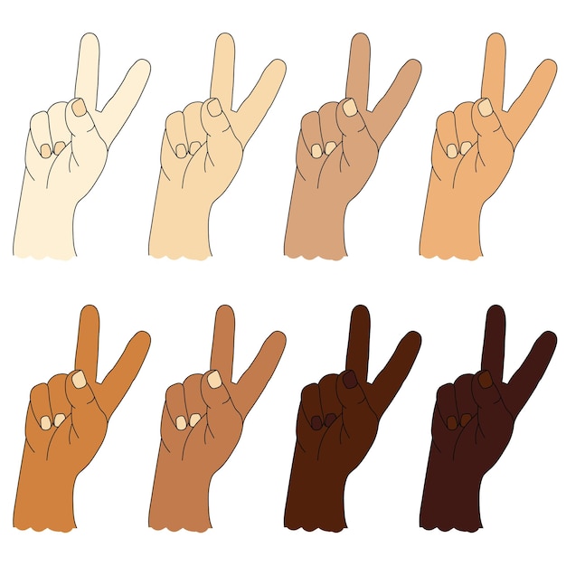 human ethnic hands with different skin color Hand gesture shows two fingers Gesture two or V victory