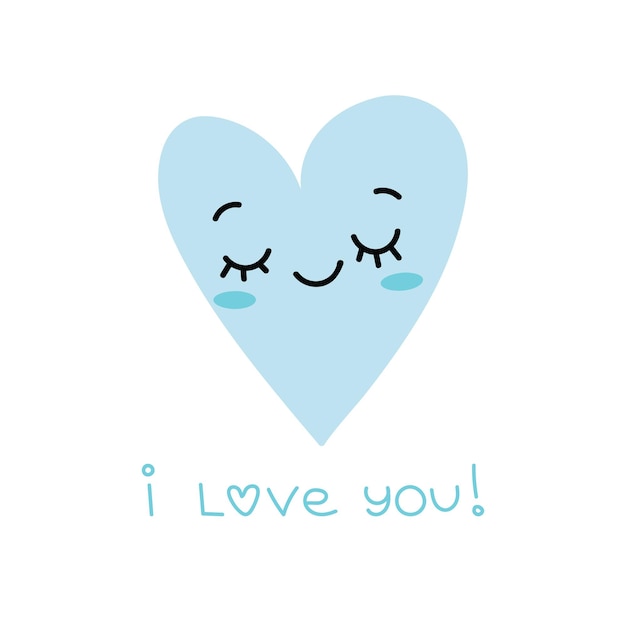 Human face blue heart with emotion of happiness Handwritten text love you Child flat doodle style