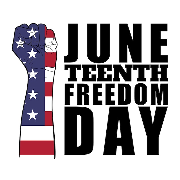 Human fist with flag of Liberia pattern with text, Juneteenth Independence Day. Freedom or Emancipation day. Annual american holiday, celebrated in June 19. Vector Illustration.