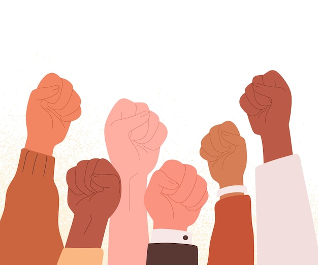 Human fists raised up high with power, fighting against discrimination. Strong hands struggling for democracy, rights at revolution, strike, riot. Flat vector illustration isolated on white background