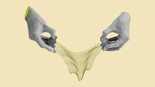 Vector human hand breaking egg retro futuristic collage with distorted 3d grid mesh