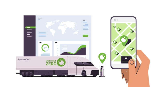 Vector human hand charging electric semi truck in mobile app battery vehicle at recharging power station charger ev management sustainable transport concept horizontal vector illustration