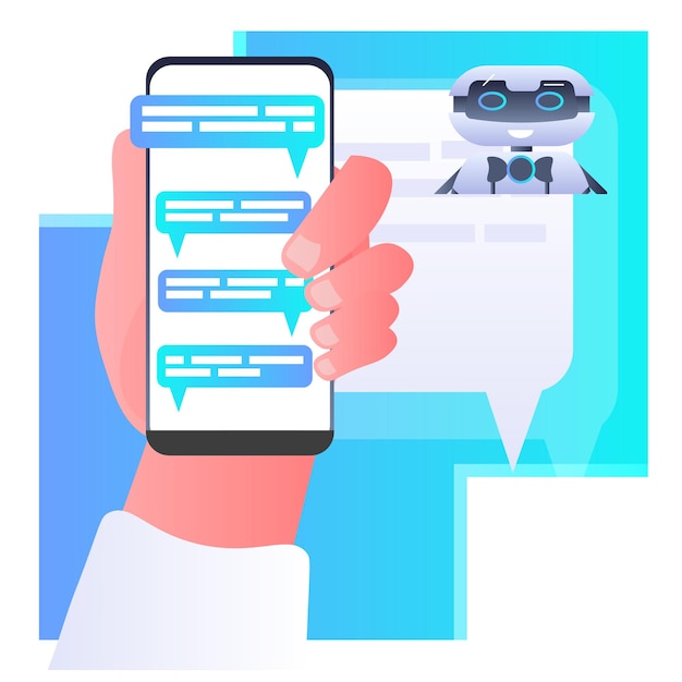 human hand discussing with robot chatbot assistant voice messages audio chat application online communication artificial intelligence concept  illustration