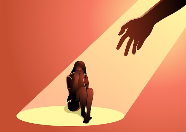 Human hand helps a sad woman sitting on the floor vector illustration