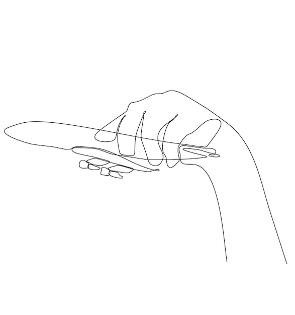 Human hand holding airplane continuous line art illustration. One line travel concept