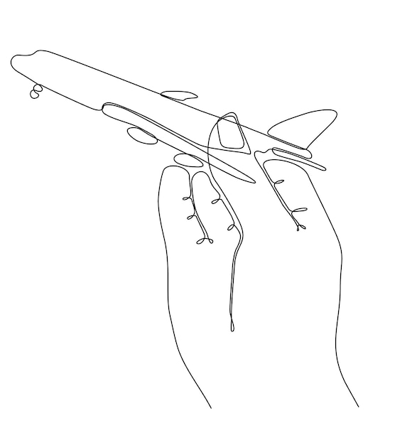 Human hand holding airplane continuous line art illustration. One line travel concept