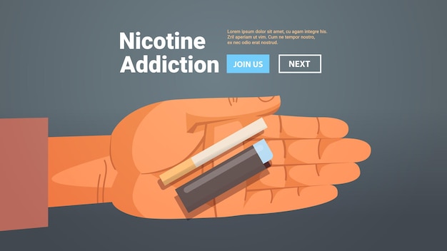 Vector human hand holding cigarette and gas lighter bad habits unhealthy lifestyle nicotine addiction concept horizontal copy space vector illustration