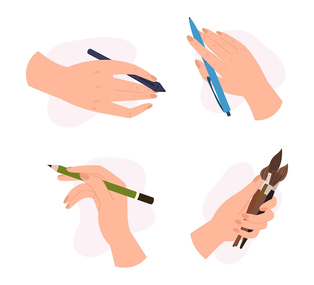 Vector human hand holding pencil with graphite tip stylus paintbrush and pen concept of writing cartoon vector illustration