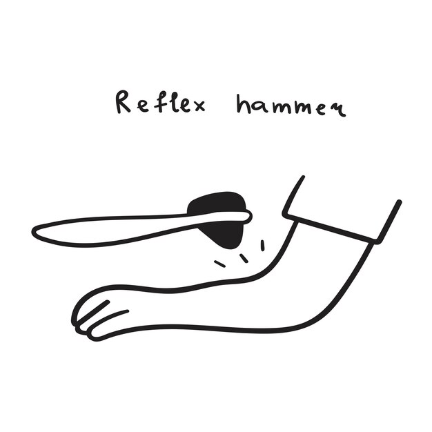 Human hand and reflex hammer. Outline icon. Vector graphic design.