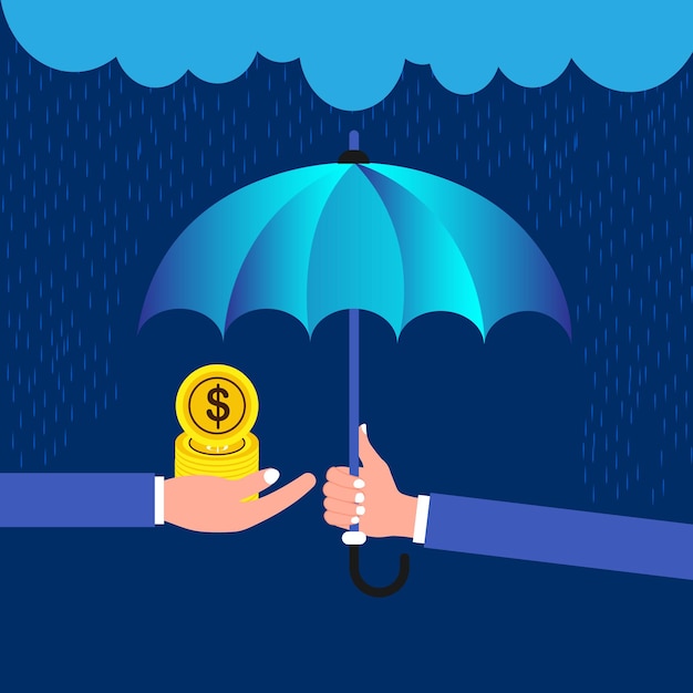 Human hand with a blue Umbrella to protect money