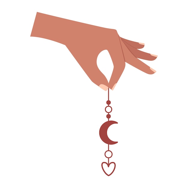 A human hand with two fingers holds an earring with a crescent moon and a heart a boho element A symbol of love romance gratitude Boho Valentine's day Color vector illustration isolated on white