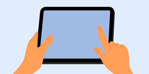 Human Hands are holding tablet computer Touch screen gesture Online communication shopping work business process Flat style in vector illustration Isolated elements