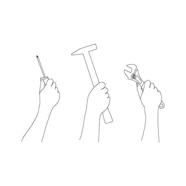 Human hands hold repair tools Working tools hammer spanner screwdriver One line vector art