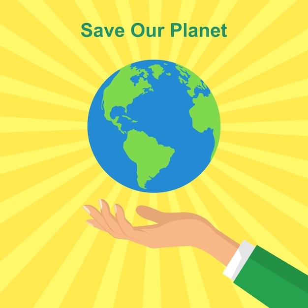 Human hands holding floating globeSave the planet consept Flat