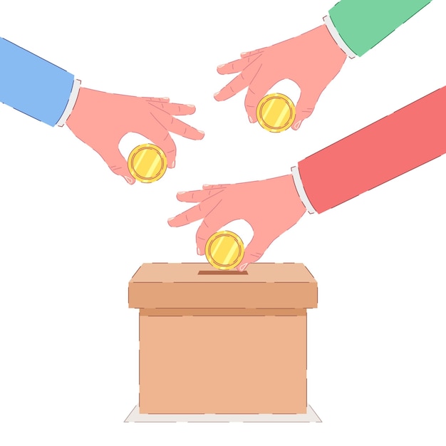 Human hands putting golden coins in box Helping hands concept Vector illustration