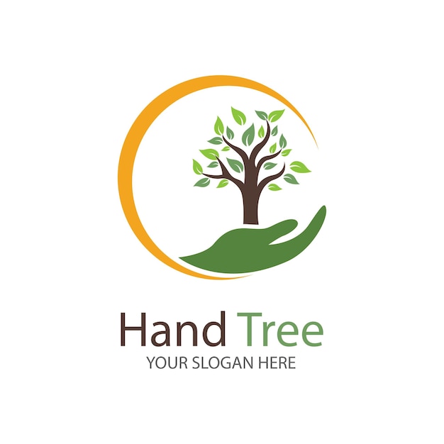 Human hands and tree with green leaves. Logo  symbol  icon  illustration  vector  template  design